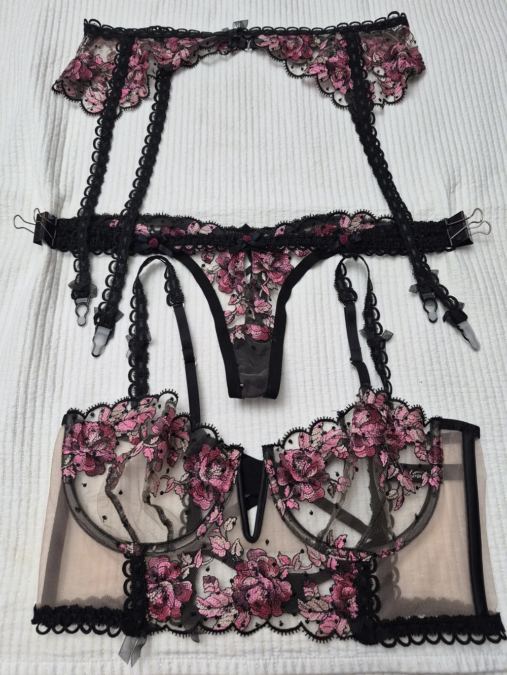 For Love And Lemons Black Sheer Bra & Garter Set with Pink Floral Embroidery